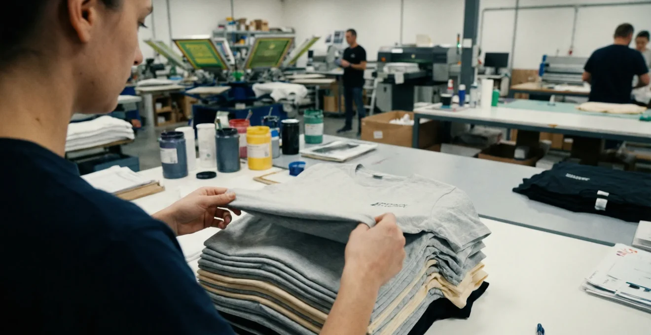 Technicien vérifiant la qualité d'impression sur t-shirts personnalisés en atelier