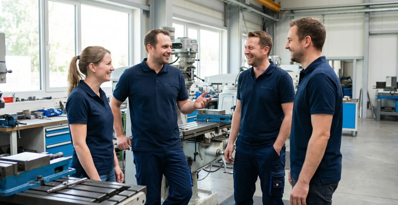 Équipe de collaborateurs en polos personnalisés discutant dans un atelier moderne