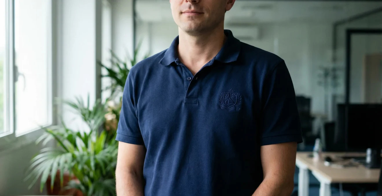 Polo professionnel avec logo brodé sur la poitrine porté en contexte de travail